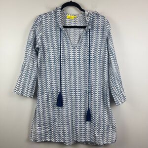 Roller Rabbit Cover-Up Women's XS White Blue Printed Tassel-Tie Hooded Swimwear